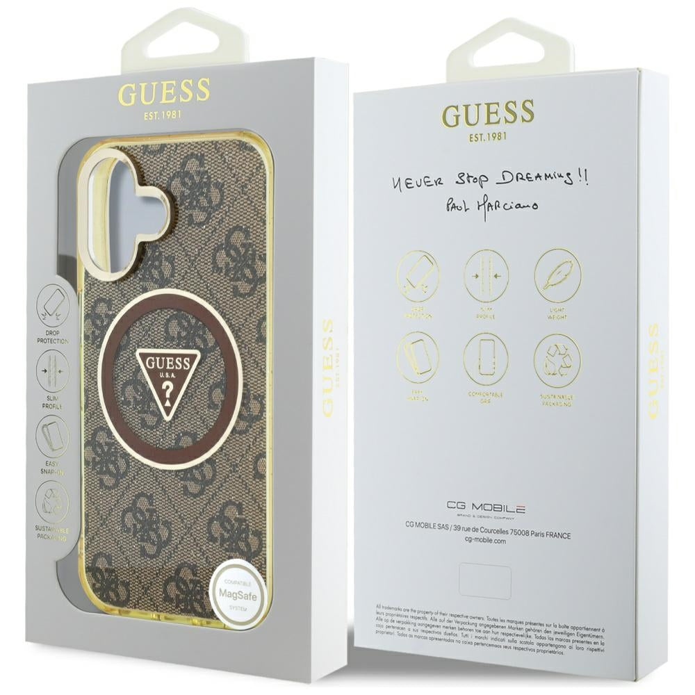 Funda MagSafe para Apple iPhone 16, Guess, IML Glitter 4G Circle Triangle, Marrón