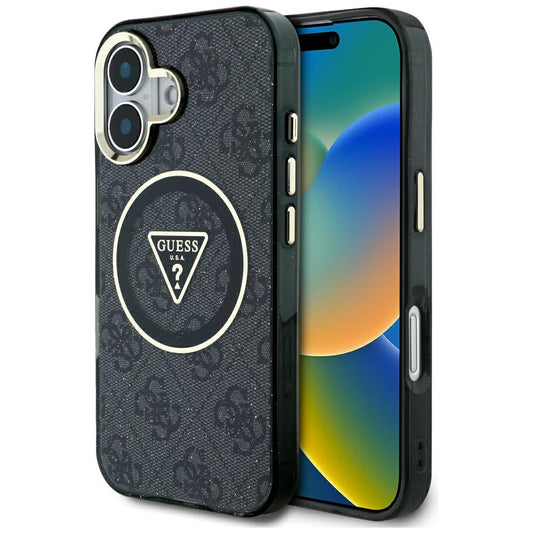 Funda MagSafe para Apple iPhone 16, Guess, IML Glitter 4G Circle Triangle, Negra