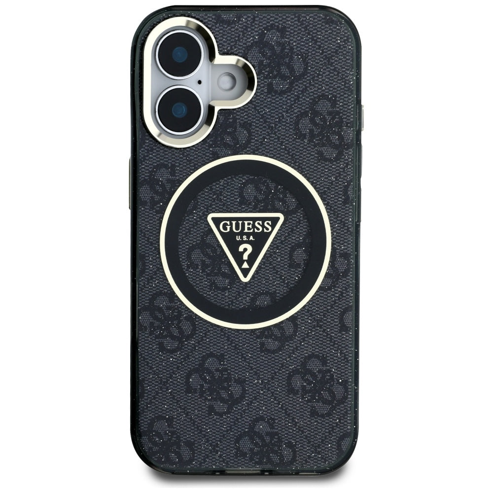 Funda MagSafe para Apple iPhone 16, Guess, IML Glitter 4G Circle Triangle, Negra