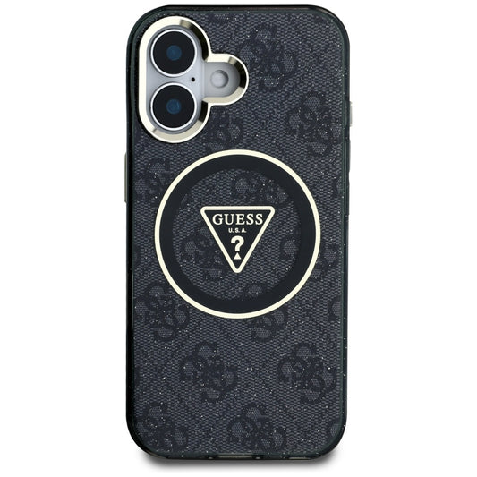Funda MagSafe para Apple iPhone 16, Guess, IML Glitter 4G Circle Triangle, Negra