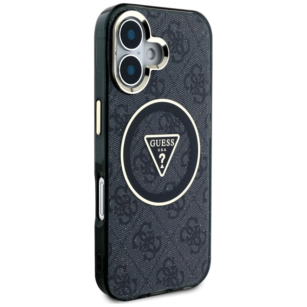 Funda MagSafe para Apple iPhone 16, Guess, IML Glitter 4G Circle Triangle, Negra