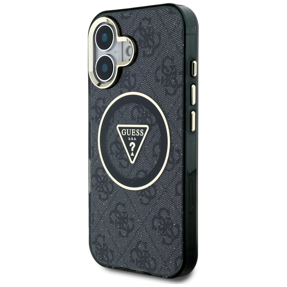Funda MagSafe para Apple iPhone 16, Guess, IML Glitter 4G Circle Triangle, Negra