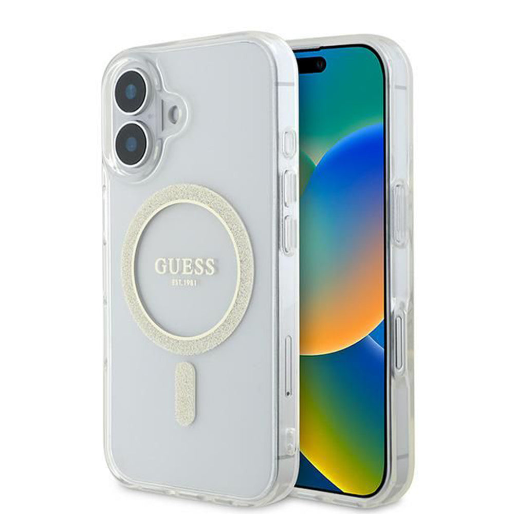 Funda MagSafe para Apple iPhone 16, Guess, IML Glitter Circle, Transparente