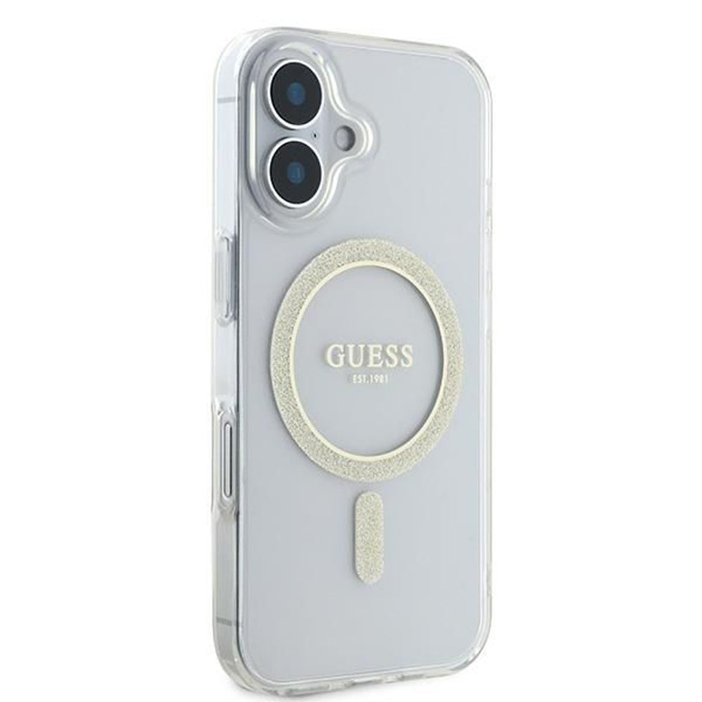 Funda MagSafe para Apple iPhone 16, Guess, IML Glitter Circle, Transparente