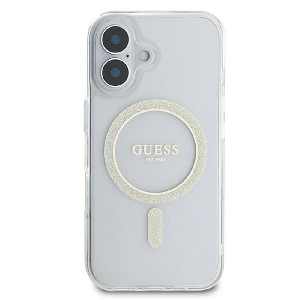 Funda MagSafe para Apple iPhone 16, Guess, IML Glitter Circle, Transparente