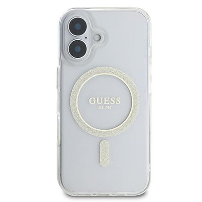 Funda MagSafe para Apple iPhone 16, Guess, IML Glitter Circle, Transparente