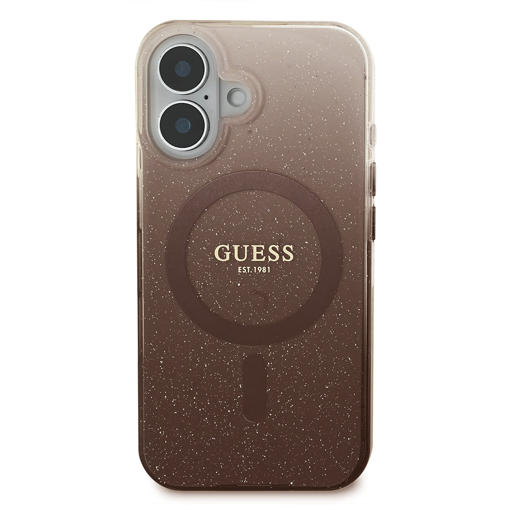 Funda MagSafe para Apple iPhone 16, Guess, IML Glitter Gradient, Marrón