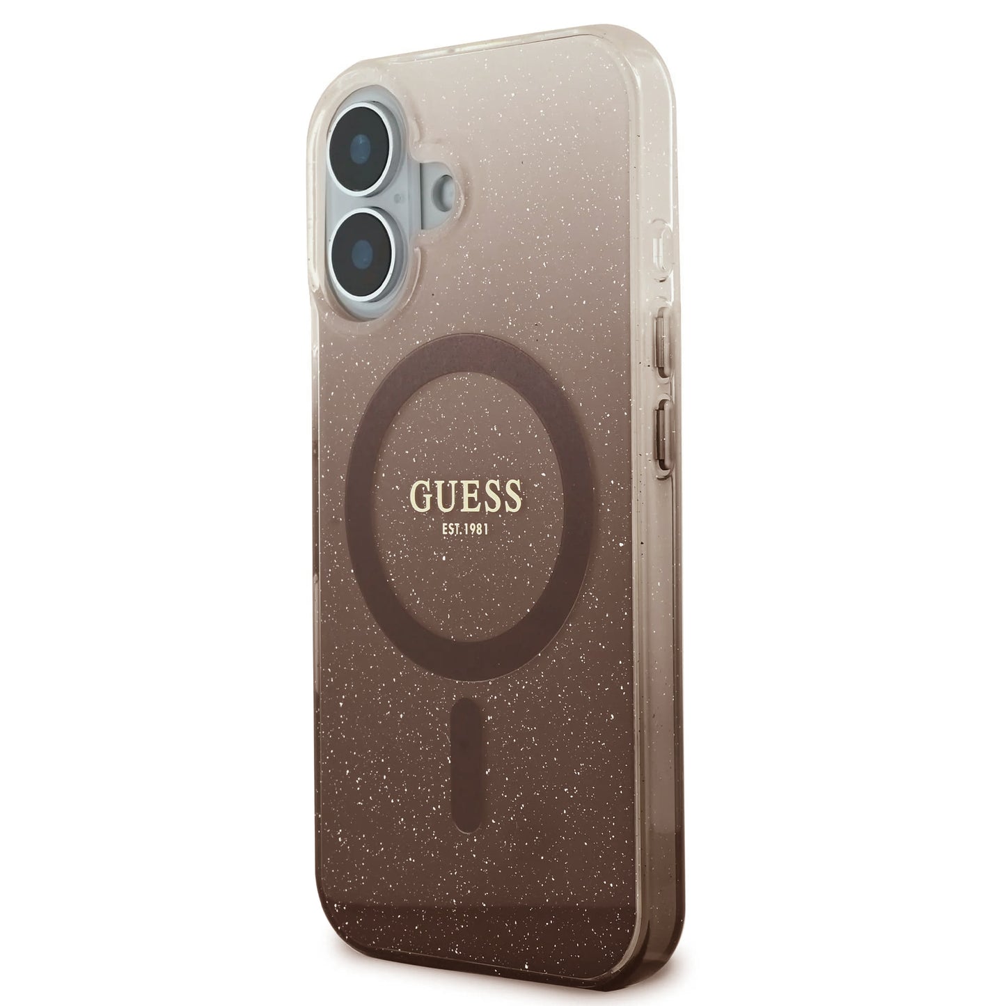 Funda MagSafe para Apple iPhone 16, Guess, IML Glitter Gradient, Marrón