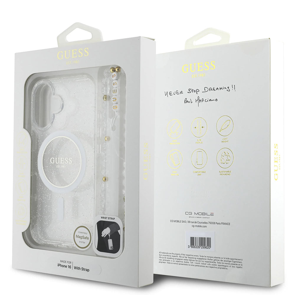 Funda MagSafe para Apple iPhone 16, Guess, IML Glitter con Correa de Perla, Transparente
