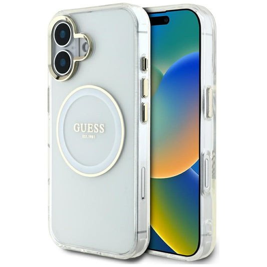 Funda MagSafe para Apple iPhone 16, Guess, IML Metal Colored Circle, Blanca