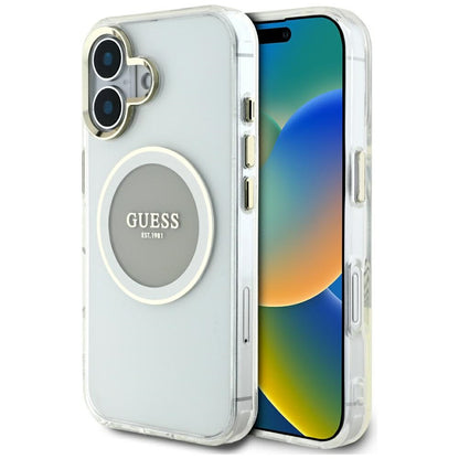 Funda MagSafe para Apple iPhone 16, Guess, IML Metal Colored Circle, Gris