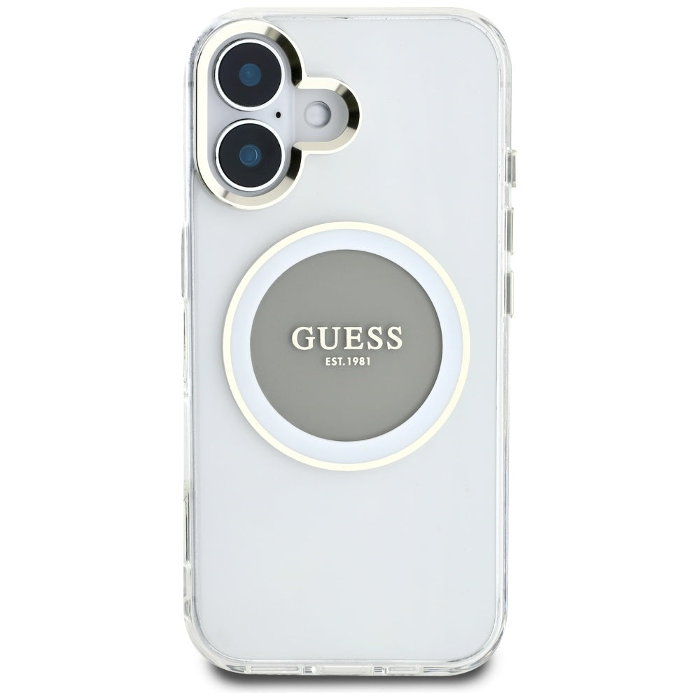 Funda MagSafe para Apple iPhone 16, Guess, IML Metal Colored Circle, Gris