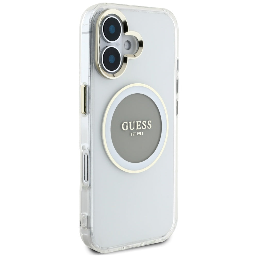 Funda MagSafe para Apple iPhone 16, Guess, IML Metal Colored Circle, Gris