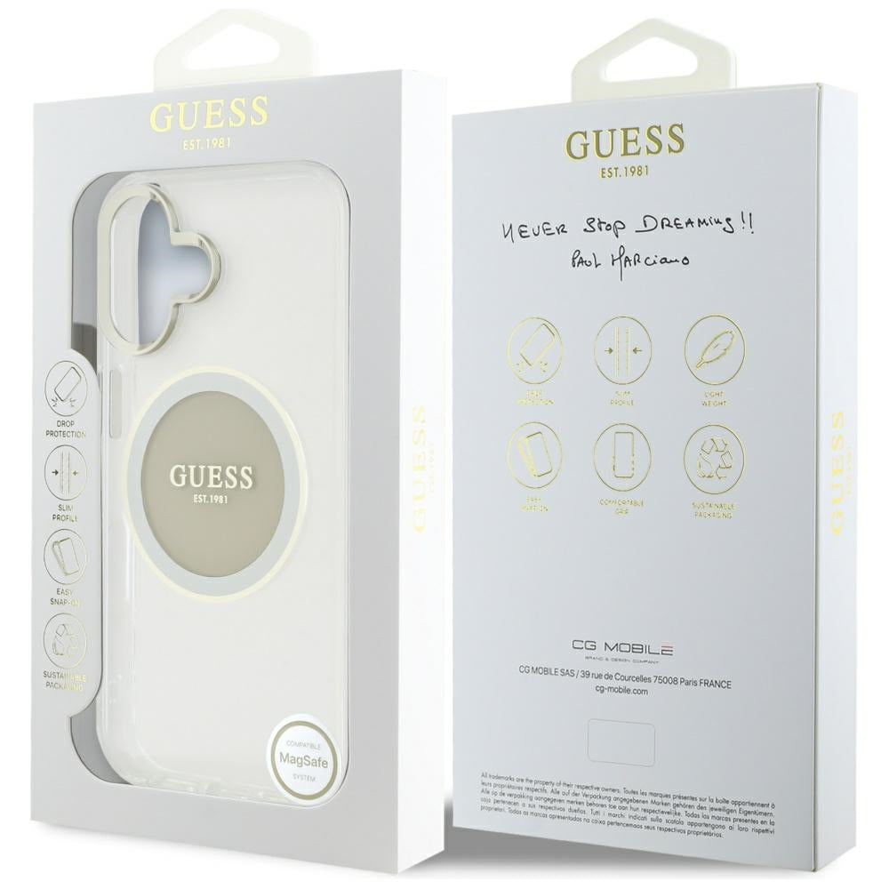 Funda MagSafe para Apple iPhone 16, Guess, IML Metal Colored Circle, Gris