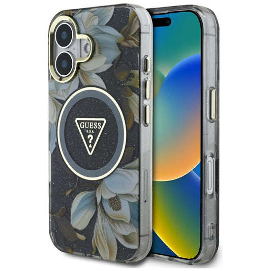 Funda MagSafe para Apple iPhone 16, Guess, IML Metal Glitter Flowers Triangle, Negra