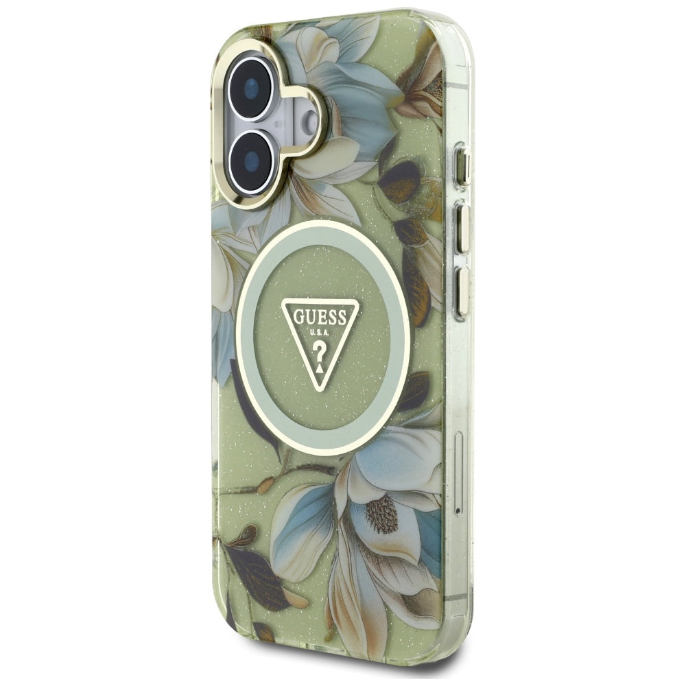 Funda MagSafe para Apple iPhone 16, Guess, IML Metal Glitter Flowers Triangle, Verde