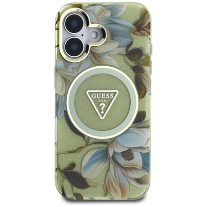 Funda MagSafe para Apple iPhone 16, Guess, IML Metal Glitter Flowers Triangle, Verde