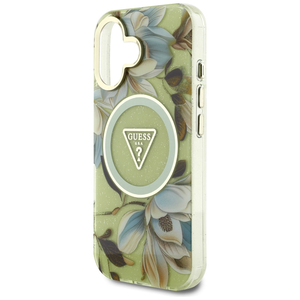 Funda MagSafe para Apple iPhone 16, Guess, IML Metal Glitter Flowers Triangle, Verde