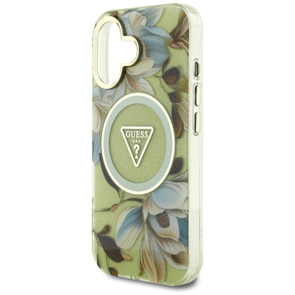 Funda MagSafe para Apple iPhone 16, Guess, IML Metal Glitter Flowers Triangle, Verde
