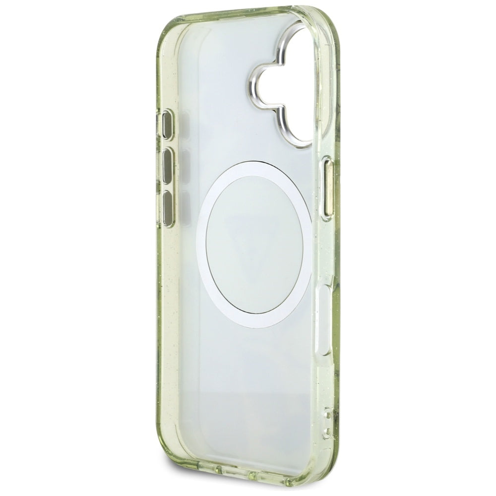 Funda MagSafe para Apple iPhone 16, Guess, IML Metal Glitter Flowers Triangle, Verde
