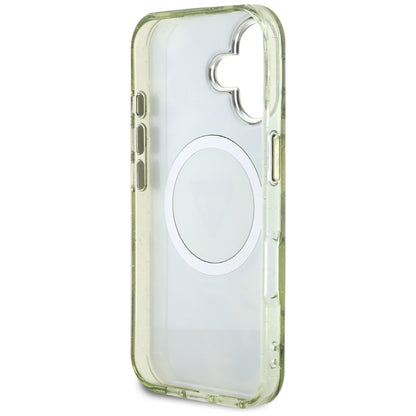 Funda MagSafe para Apple iPhone 16, Guess, IML Metal Glitter Flowers Triangle, Verde