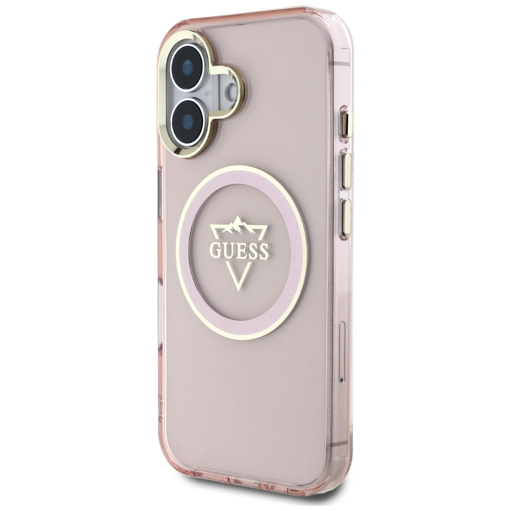 Funda MagSafe para Apple iPhone 16, Guess, IML Metal Mountain Logo, Rosa