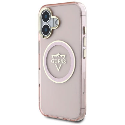 Funda MagSafe para Apple iPhone 16, Guess, IML Metal Mountain Logo, Rosa