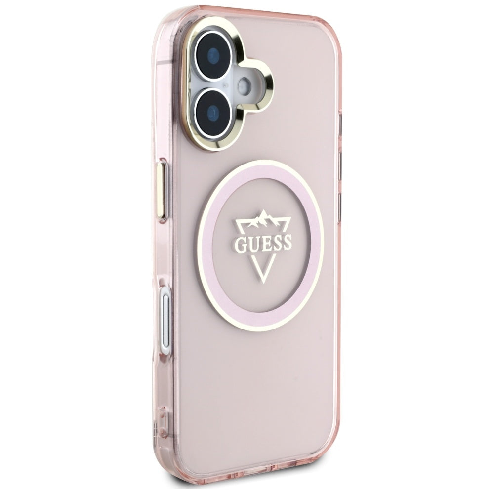 Funda MagSafe para Apple iPhone 16, Guess, IML Metal Mountain Logo, Rosa