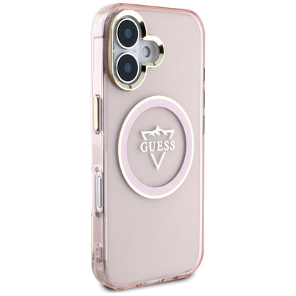 Funda MagSafe para Apple iPhone 16, Guess, IML Metal Mountain Logo, Rosa