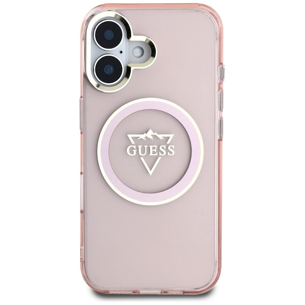 Funda MagSafe para Apple iPhone 16, Guess, IML Metal Mountain Logo, Rosa