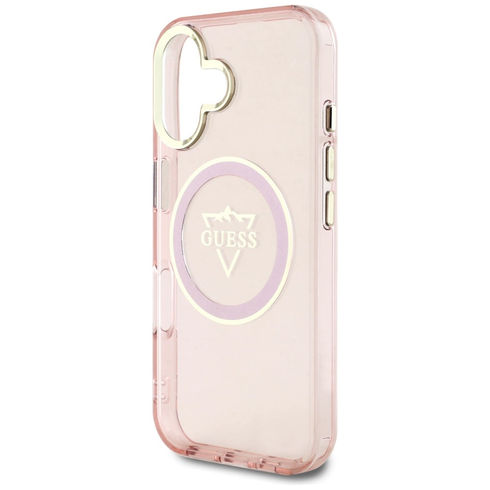 Funda MagSafe para Apple iPhone 16, Guess, IML Metal Mountain Logo, Rosa
