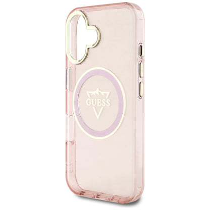 Funda MagSafe para Apple iPhone 16, Guess, IML Metal Mountain Logo, Rosa