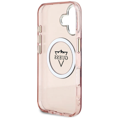 Funda MagSafe para Apple iPhone 16, Guess, IML Metal Mountain Logo, Rosa