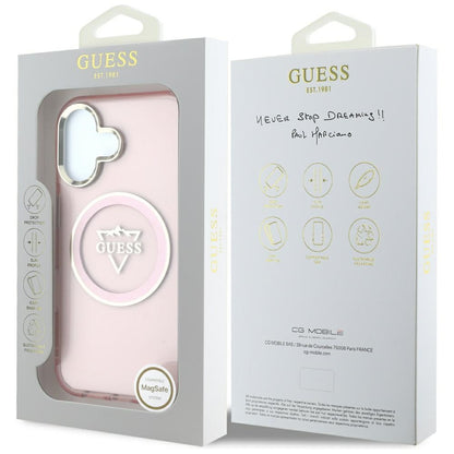 Funda MagSafe para Apple iPhone 16, Guess, IML Metal Mountain Logo, Rosa
