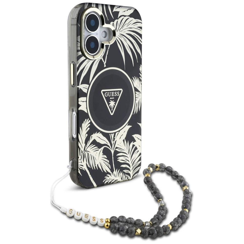 Funda MagSafe para Apple iPhone 16, Guess, IML Palm Trees Triangle con Correa de Perla, Negra