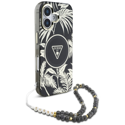 Funda MagSafe para Apple iPhone 16, Guess, IML Palm Trees Triangle con Correa de Perla, Negra