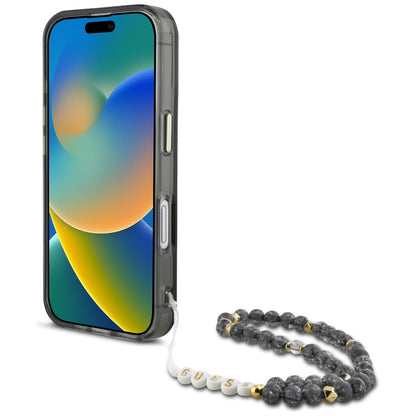 Funda MagSafe para Apple iPhone 16, Guess, IML Palm Trees Triangle con Correa de Perla, Negra