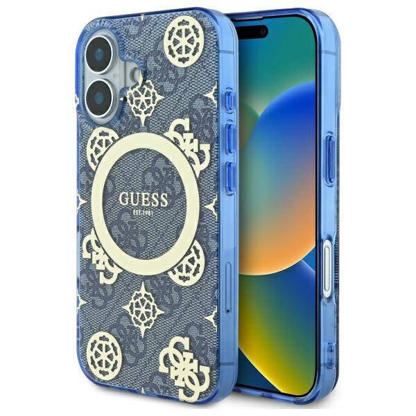 Funda MagSafe para Apple iPhone 16, Guess, IML Peony On 4G Background, Azul