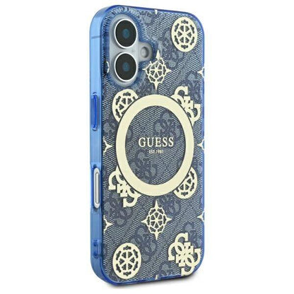 Funda MagSafe para Apple iPhone 16, Guess, IML Peony On 4G Background, Azul