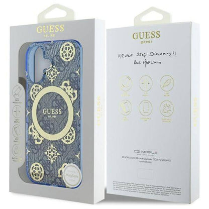 Funda MagSafe para Apple iPhone 16, Guess, IML Peony On 4G Background, Azul