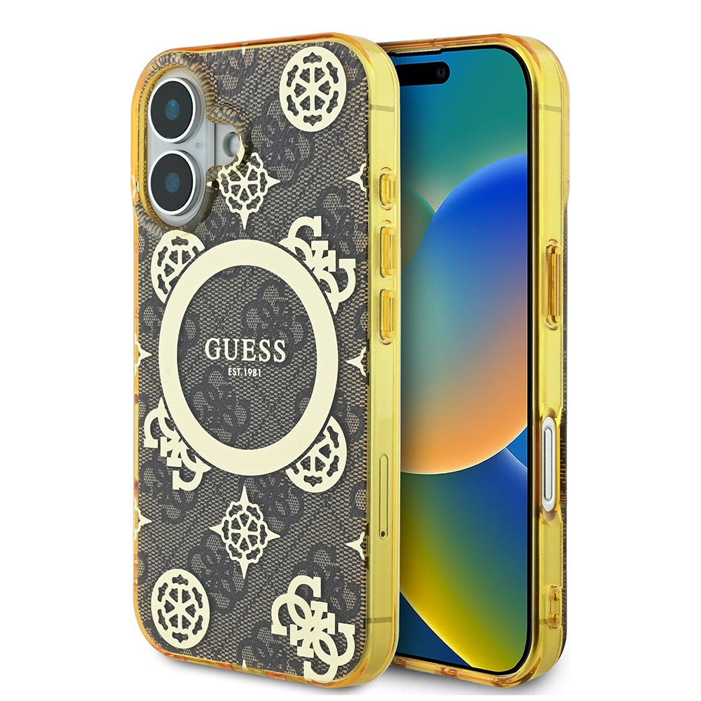 Funda MagSafe para Apple iPhone 16, Guess, IML Peony On 4G Background, Marrón