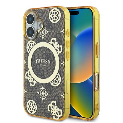 Funda MagSafe para Apple iPhone 16, Guess, IML Peony On 4G Background, Marrón