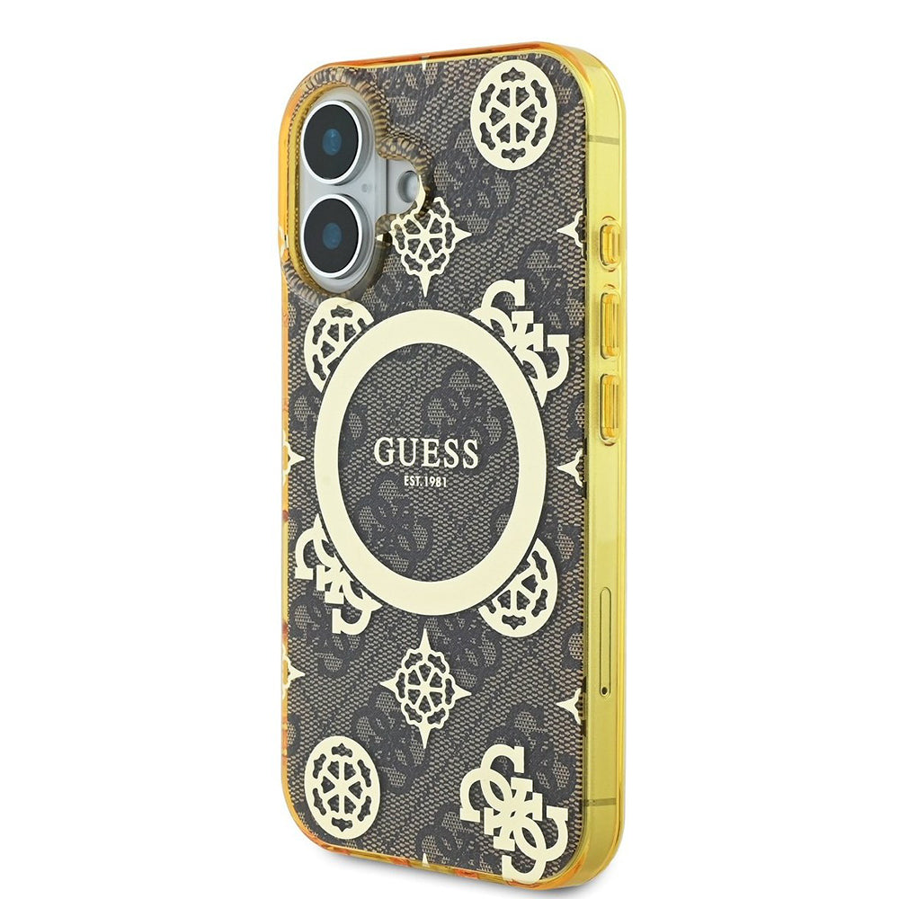 Funda MagSafe para Apple iPhone 16, Guess, IML Peony On 4G Background, Marrón