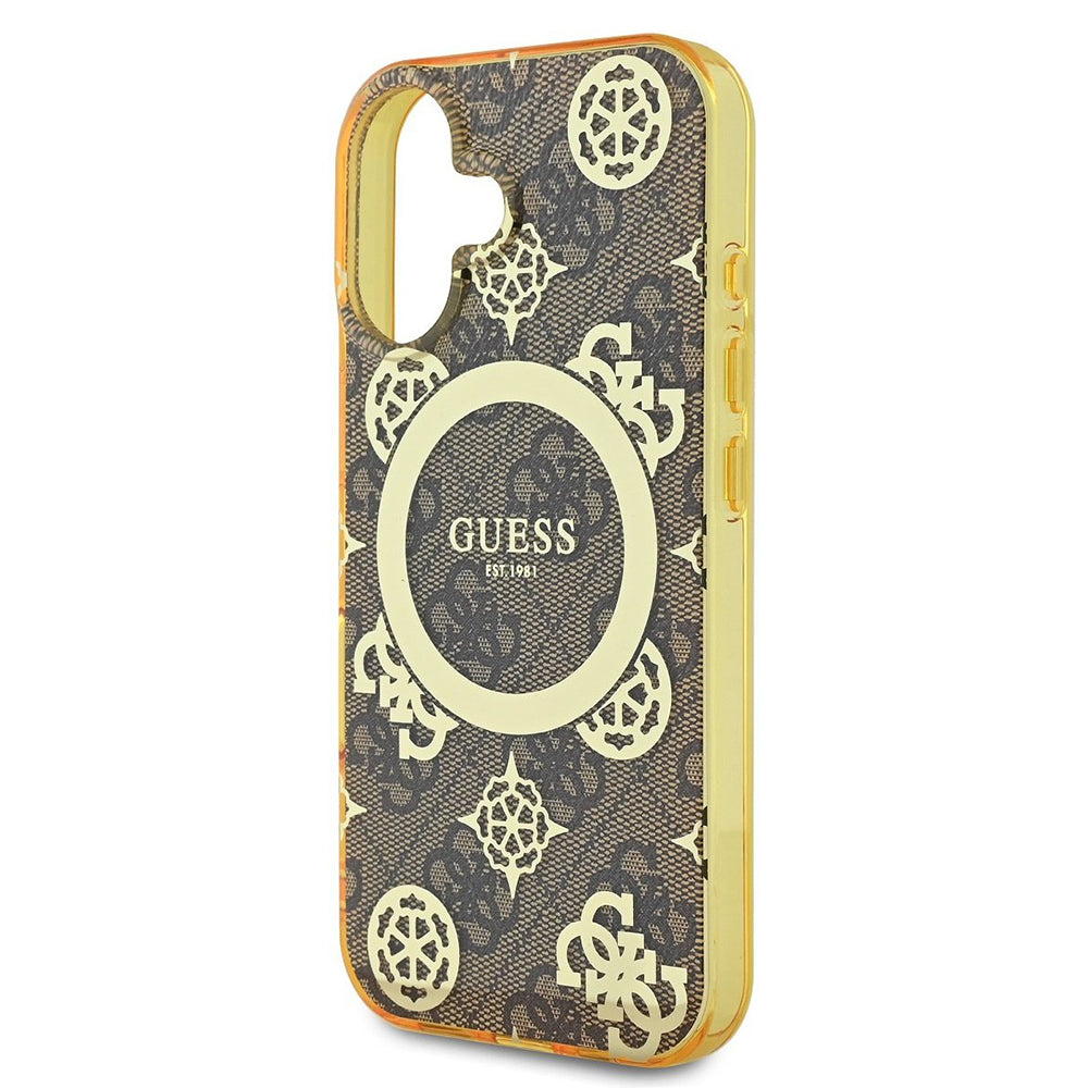 Funda MagSafe para Apple iPhone 16, Guess, IML Peony On 4G Background, Marrón