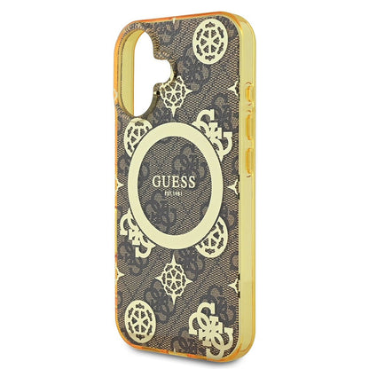 Funda MagSafe para Apple iPhone 16, Guess, IML Peony On 4G Background, Marrón