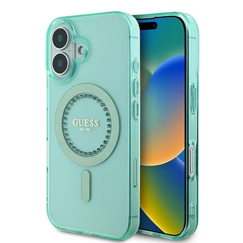 Funda MagSafe para Apple iPhone 16, Guess, IML Rhinestone, Verde