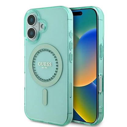 Funda MagSafe para Apple iPhone 16, Guess, IML Rhinestone, Verde