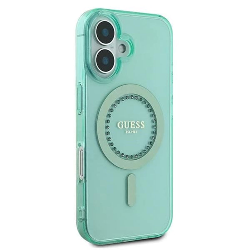 Funda MagSafe para Apple iPhone 16, Guess, IML Rhinestone, Verde