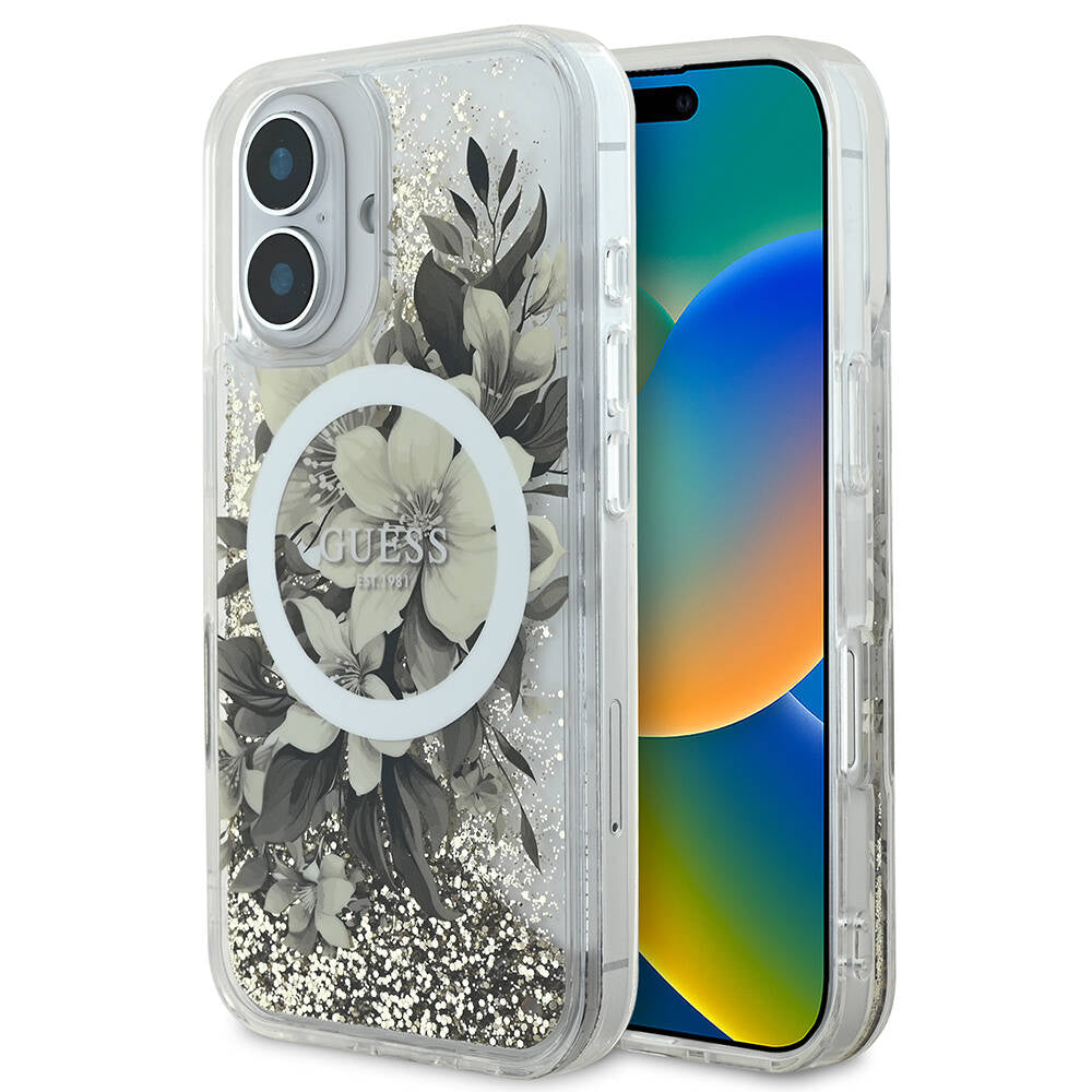 Funda MagSafe para Apple iPhone 16, Guess, Liquid Glitter Flower, Beige