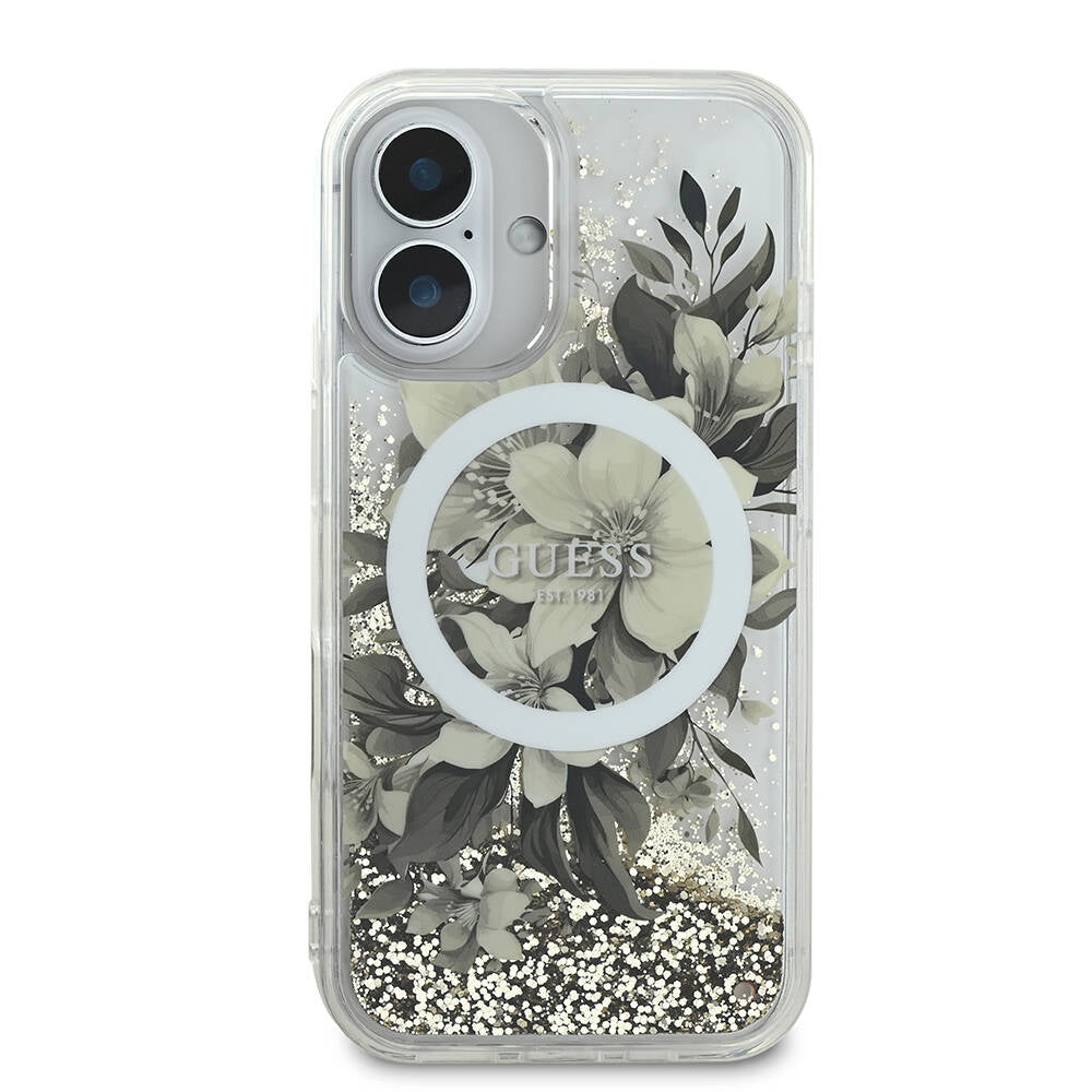 Funda MagSafe para Apple iPhone 16, Guess, Liquid Glitter Flower, Beige